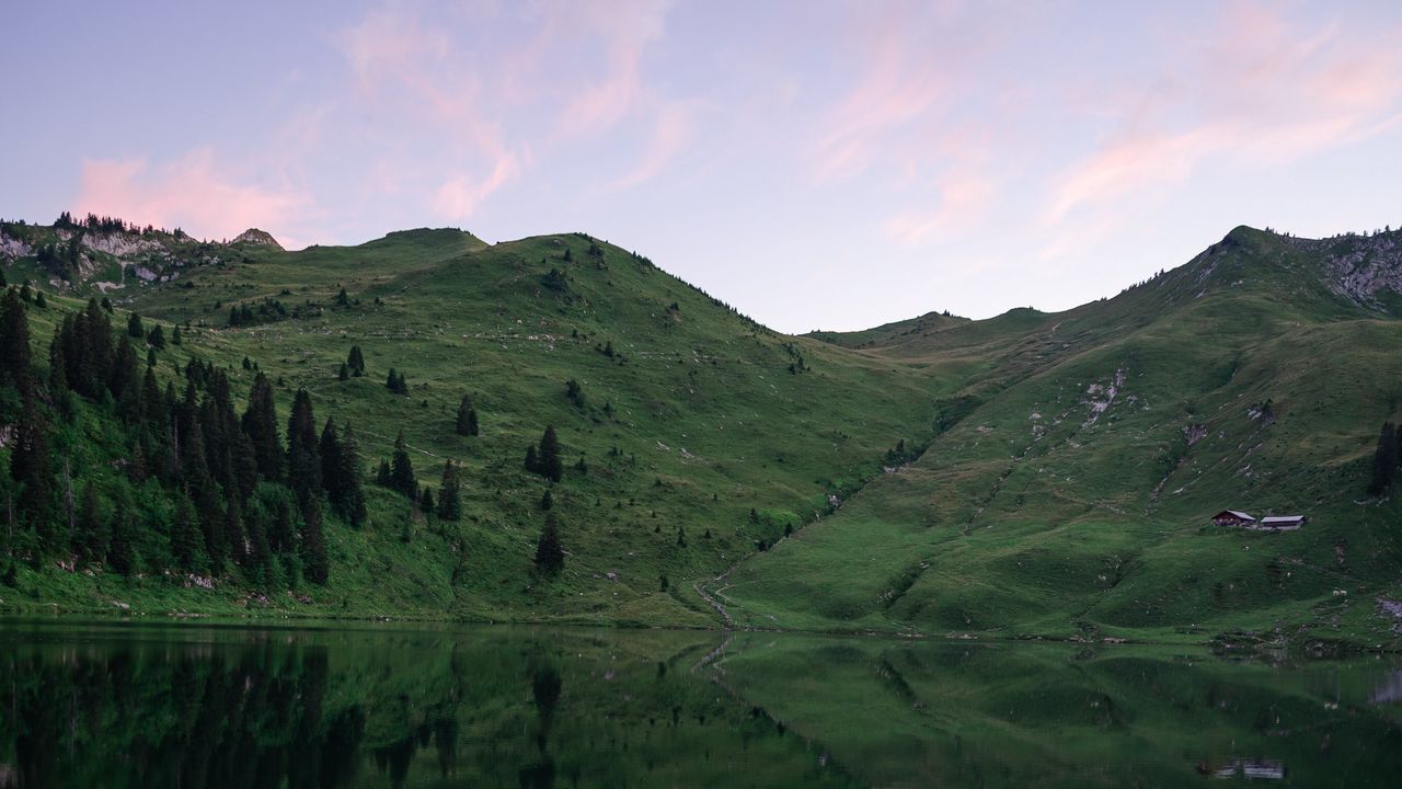 Wallpaper lake, hills, dusk, grass