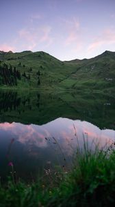 Preview wallpaper lake, hills, dusk, grass