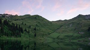 Preview wallpaper lake, hills, dusk, grass