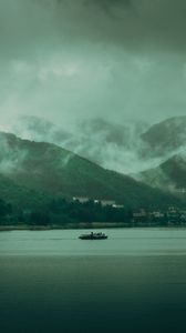 Preview wallpaper lake, hills, fog, clouds, gloom, landscape
