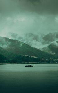 Preview wallpaper lake, hills, fog, clouds, gloom, landscape