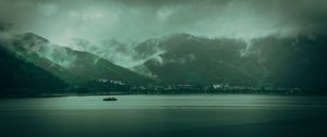 Preview wallpaper lake, hills, fog, clouds, gloom, landscape