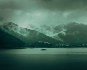 Preview wallpaper lake, hills, fog, clouds, gloom, landscape