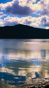 Preview wallpaper lake, hills, landscape, nature, glare