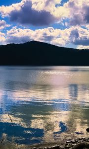 Preview wallpaper lake, hills, landscape, nature, glare