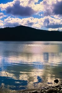 Preview wallpaper lake, hills, landscape, nature, glare