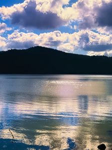 Preview wallpaper lake, hills, landscape, nature, glare