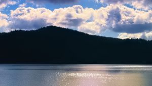 Preview wallpaper lake, hills, landscape, nature, glare