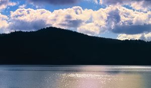 Preview wallpaper lake, hills, landscape, nature, glare