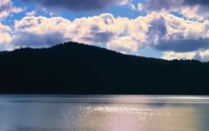 Preview wallpaper lake, hills, landscape, nature, glare