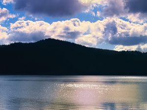 Preview wallpaper lake, hills, landscape, nature, glare