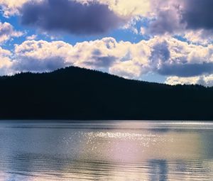 Preview wallpaper lake, hills, landscape, nature, glare