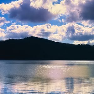 Preview wallpaper lake, hills, landscape, nature, glare