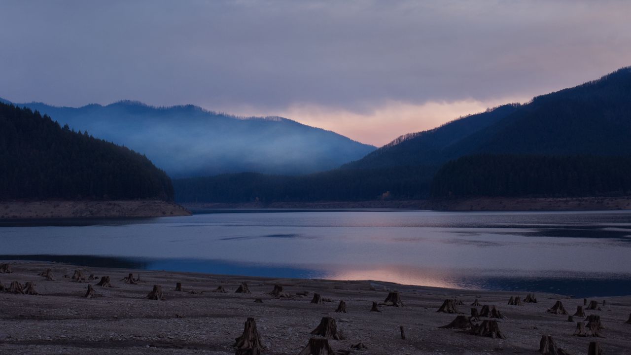 Wallpaper lake, hills, nature, dawn