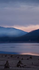 Preview wallpaper lake, hills, nature, dawn
