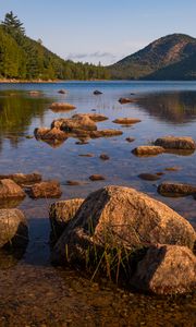 Preview wallpaper lake, hills, stones, blocks