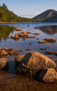 Preview wallpaper lake, hills, stones, blocks