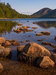 Preview wallpaper lake, hills, stones, blocks