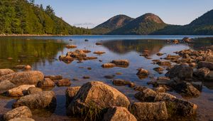 Preview wallpaper lake, hills, stones, blocks