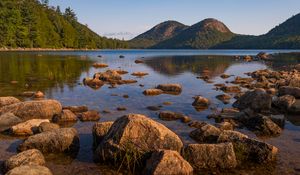 Preview wallpaper lake, hills, stones, blocks