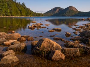 Preview wallpaper lake, hills, stones, blocks