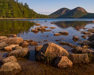 Preview wallpaper lake, hills, stones, blocks