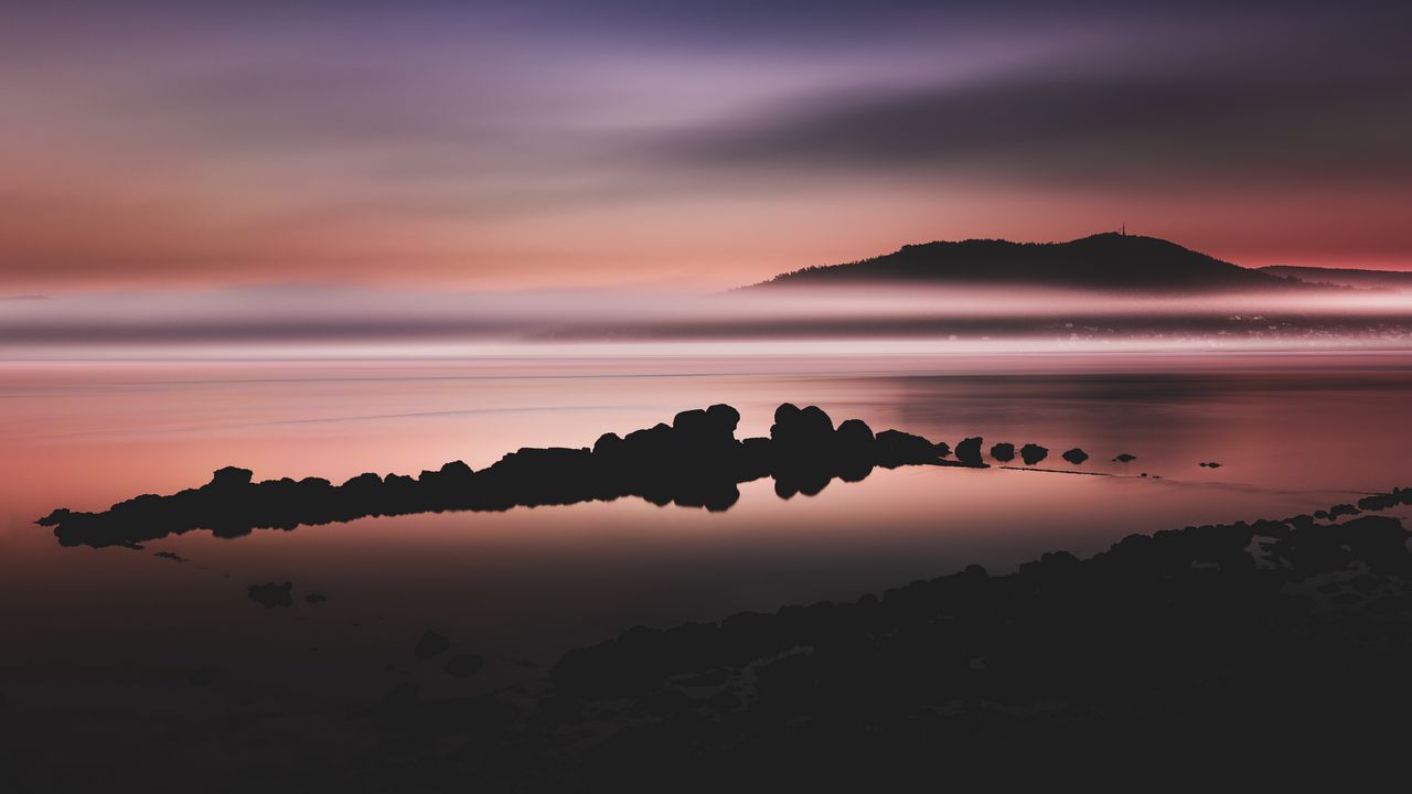 Wallpaper lake, hills, stones, rocks, dark