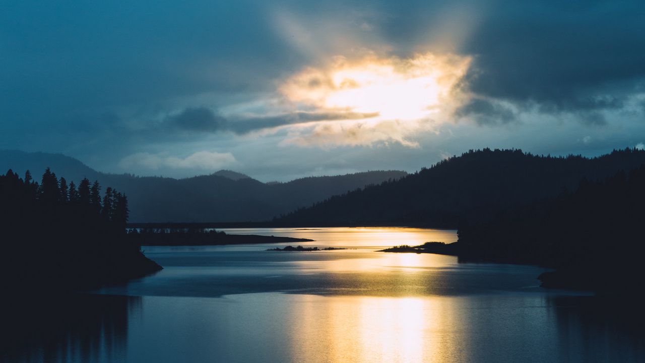 Wallpaper lake, hills, sunset, dusk, dark