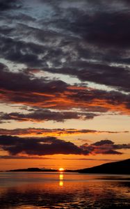 Preview wallpaper lake, hills, sunset, clouds, evening