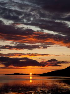 Preview wallpaper lake, hills, sunset, clouds, evening