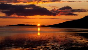 Preview wallpaper lake, hills, sunset, clouds, evening