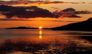 Preview wallpaper lake, hills, sunset, clouds, evening