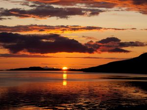 Preview wallpaper lake, hills, sunset, clouds, evening