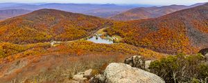 Preview wallpaper lake, hills, trees, forest, stones