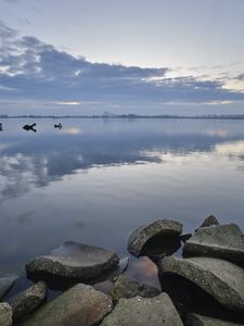 Preview wallpaper lake, horizon, concrete, fragments