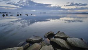 Preview wallpaper lake, horizon, concrete, fragments