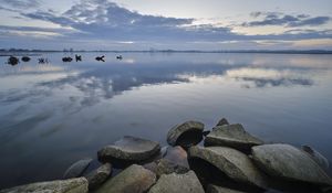 Preview wallpaper lake, horizon, concrete, fragments