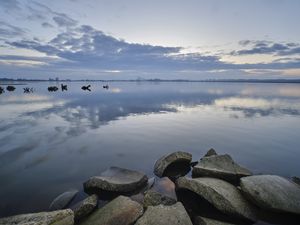 Preview wallpaper lake, horizon, concrete, fragments