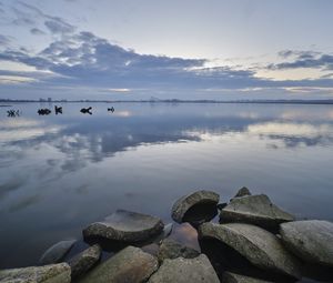 Preview wallpaper lake, horizon, concrete, fragments