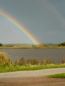 Preview wallpaper lake, horizon, rainbow, landscape, nature