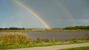 Preview wallpaper lake, horizon, rainbow, landscape, nature