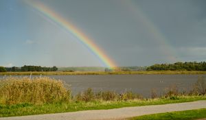 Preview wallpaper lake, horizon, rainbow, landscape, nature