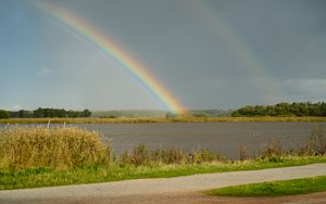 Preview wallpaper lake, horizon, rainbow, landscape, nature