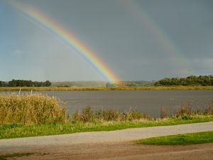 Preview wallpaper lake, horizon, rainbow, landscape, nature