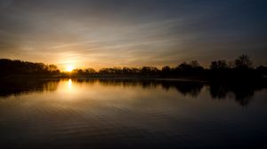 Preview wallpaper lake, horizon, sunset, sky, water, sun