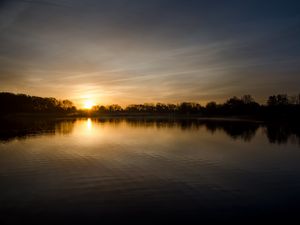 Preview wallpaper lake, horizon, sunset, sky, water, sun