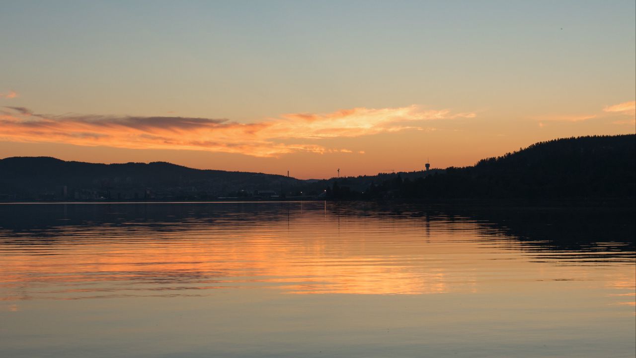 Wallpaper lake, horizon, sunset, stones, sky