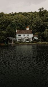 Preview wallpaper lake, house, buildings, shore, trees, nature
