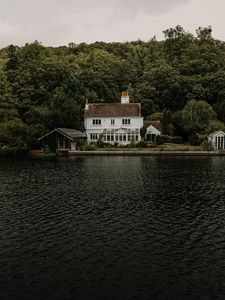 Preview wallpaper lake, house, buildings, shore, trees, nature