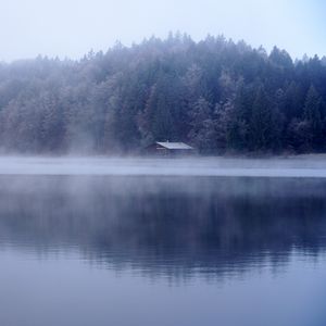 Preview wallpaper lake, house, forest, fog, water